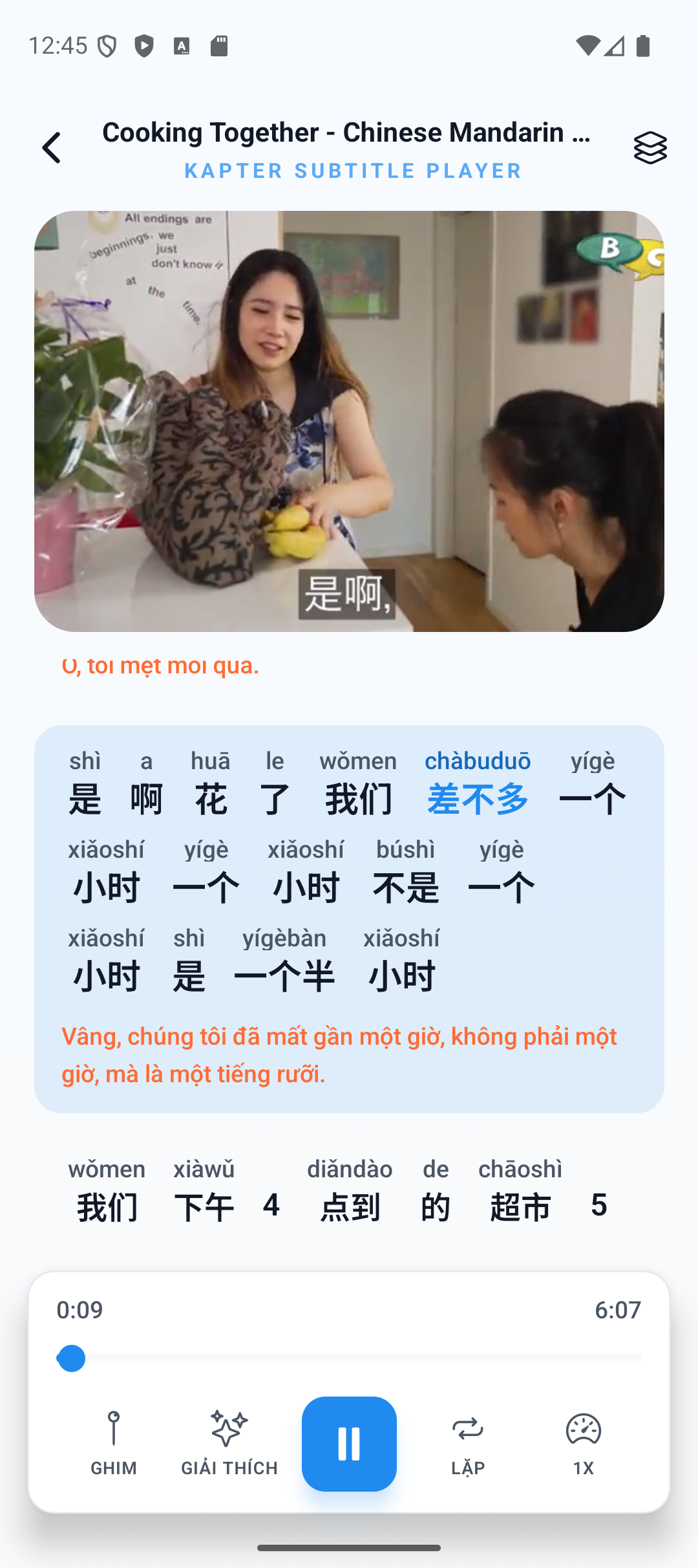 Màn hình player subtitle song ngữ